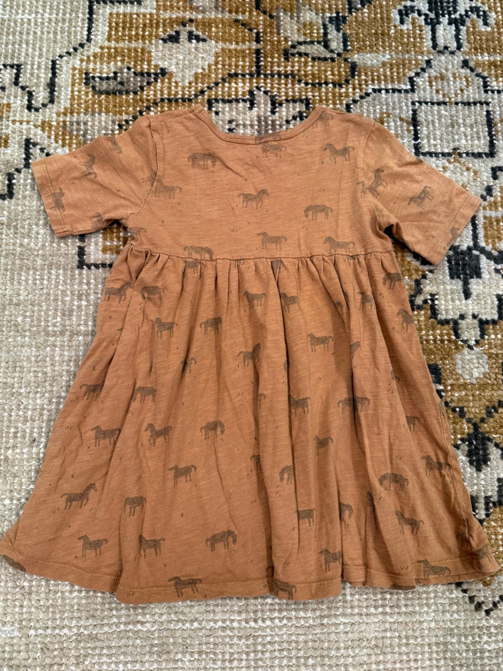 Rylee + Cru Rust/Tan Short Sleeve Cotton Twirl Dress with Horse Print